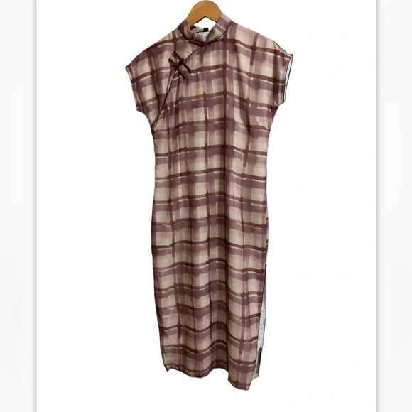 Old Shanghai Hong Kong Style Checker Patterned Cheongsam Dress Qipao sz M brown - Picture 1 of 8